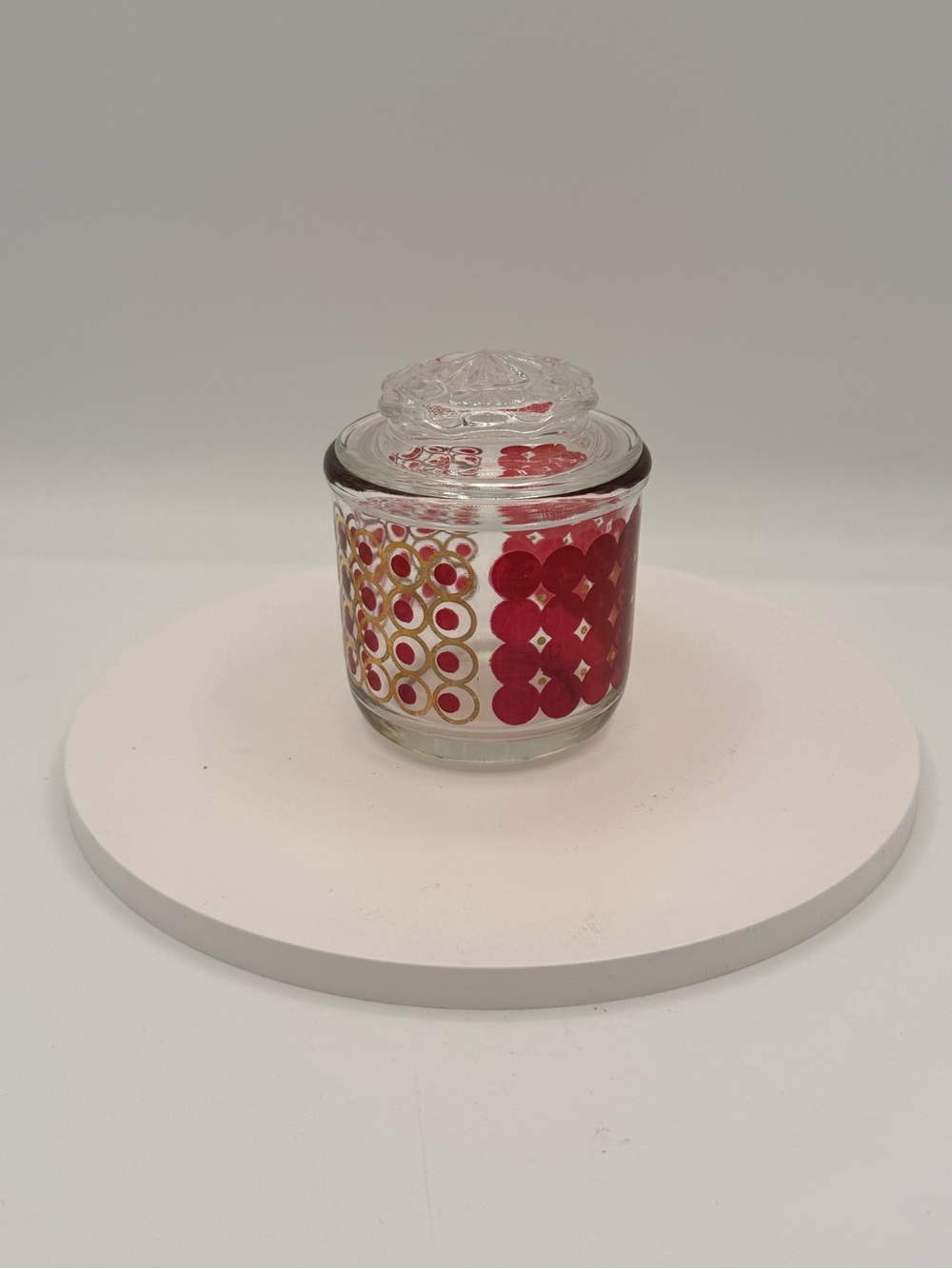 Vtg MCM Jeannette Glass Atomic Red Gold Jar Lid